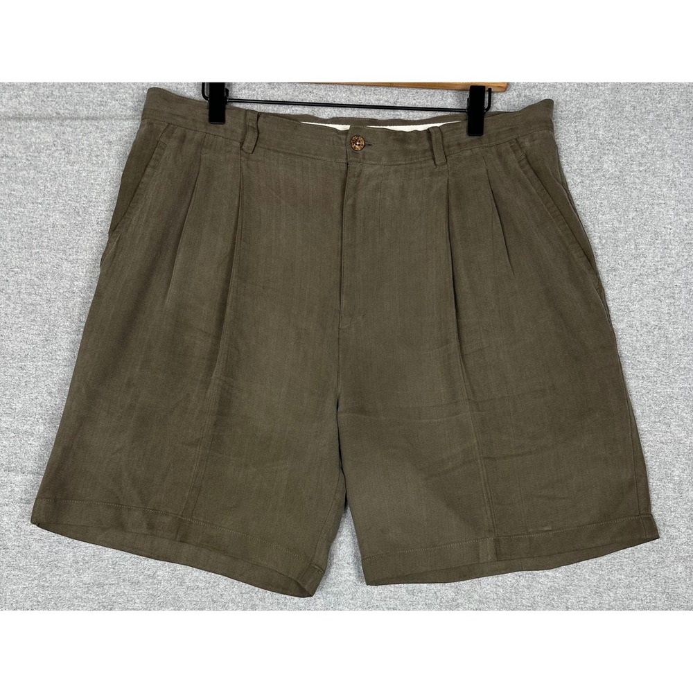 Joseph Feiss Silk Shorts Mens 36 7" Inseam Olive Green Pleated Herringbone